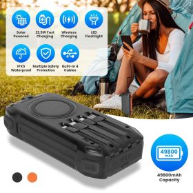 Portable Solar Charger 49800mAh Power Bank External Battery Pack 22.5W PD Fast Charging Built in 4 Cables 15W Wireless Charging LED Flashlight fo (Color: Black)