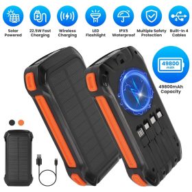 Portable Solar Charger 49800mAh Power Bank External Battery Pack 22.5W PD Fast Charging Built in 4 Cables 15W Wireless Charging LED Flashlight fo (Color: Orange)